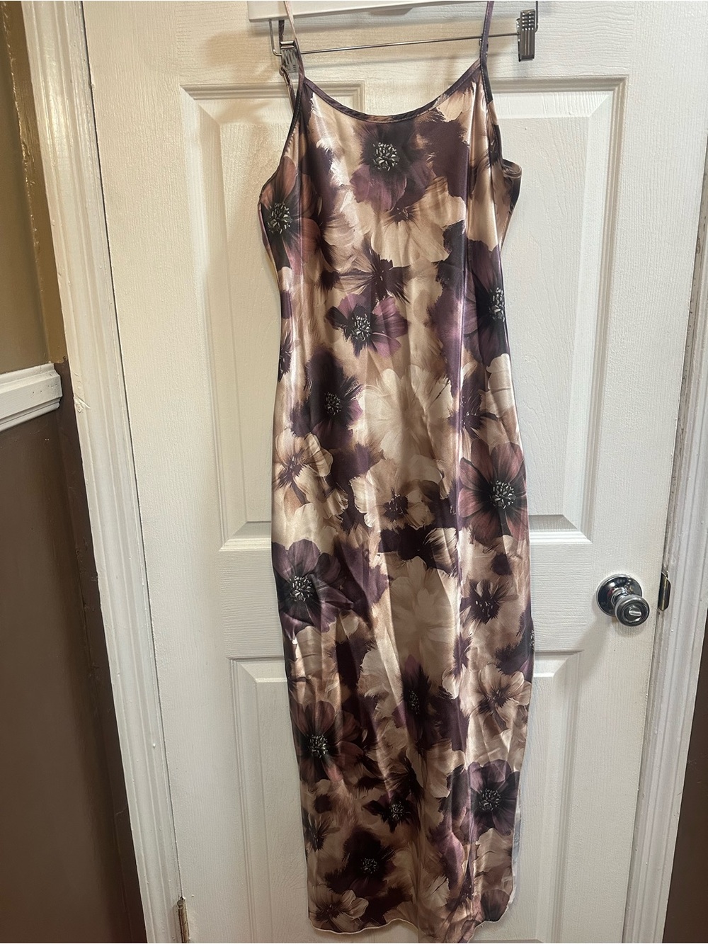 bebe Satin Floral Maxi Slip Dress in Purple and Cream size S new